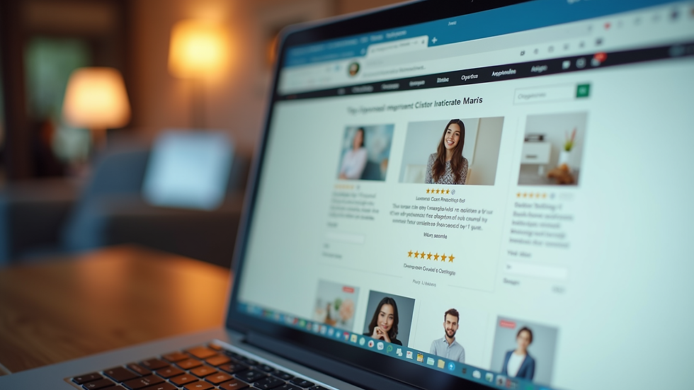 Eye-level view of a website displaying customer reviews with photos and star ratings