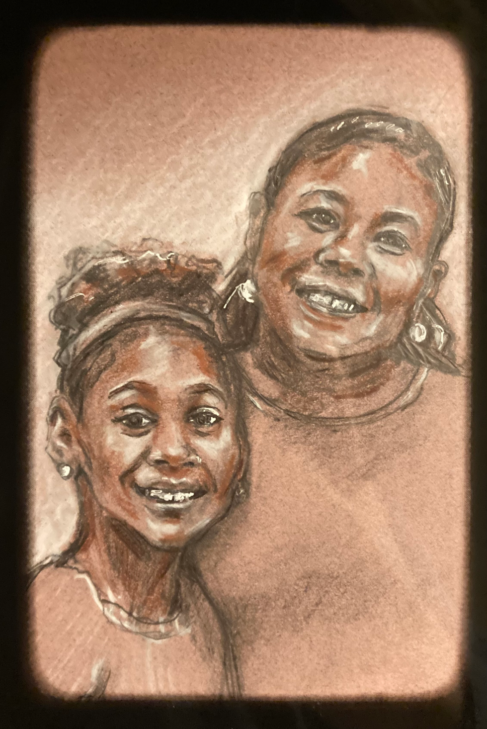 Two smiling people in a warm-toned drawing.