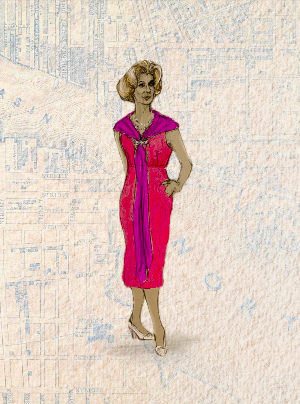 Stylized woman in pink dress on textured background.