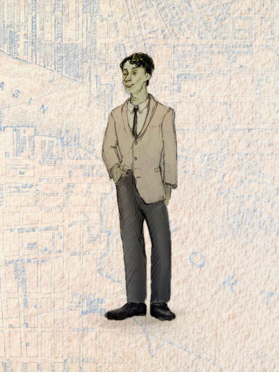 Illustrated man in a suit on textured background.