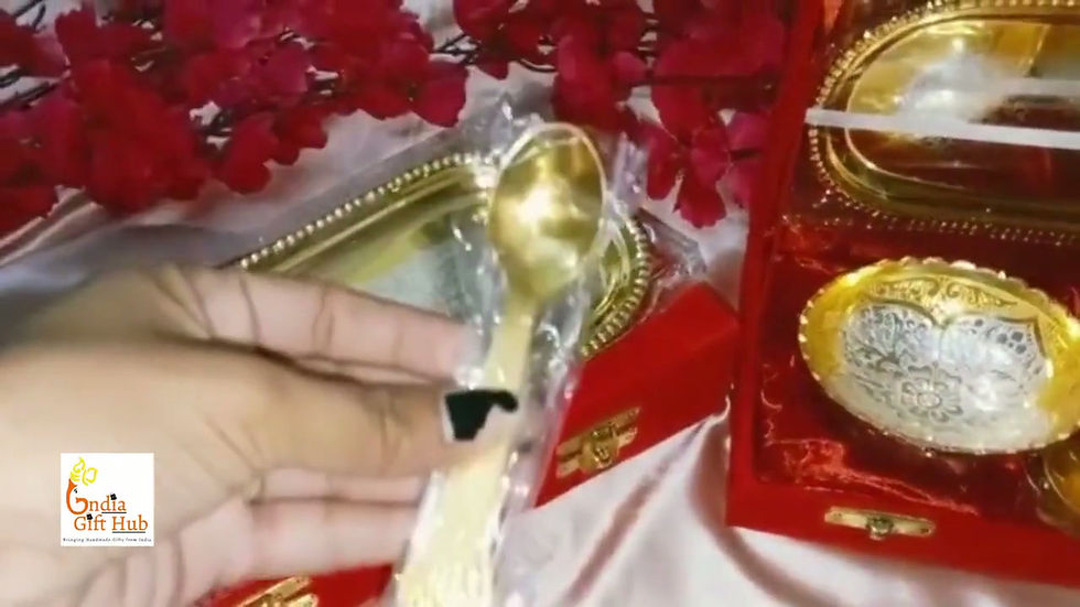 Thumbnail: Golden/Silver-Plated Engraved Bowl & Spoon Gift Set with Tray- With Velvet Box