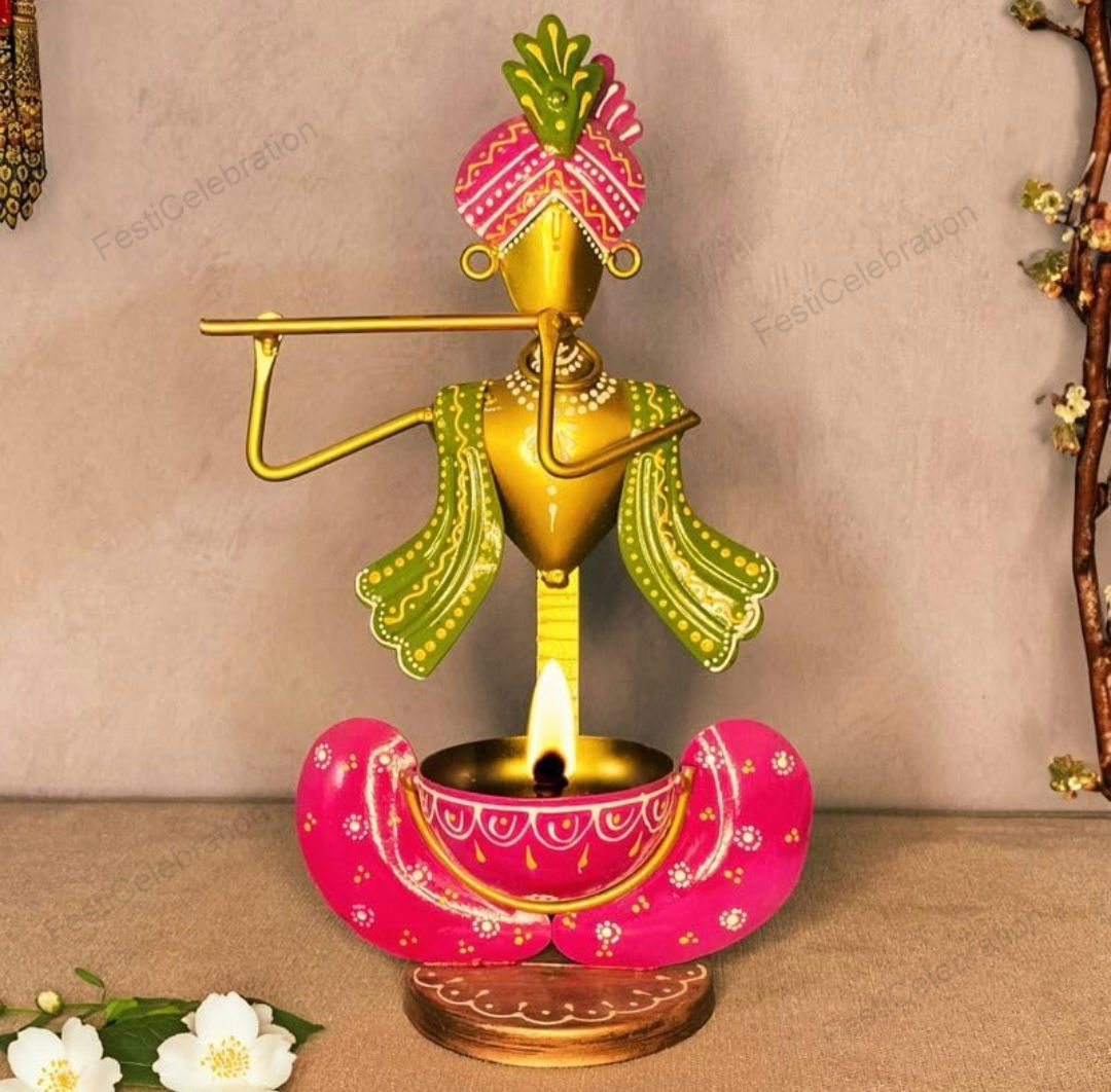 Handcrafted Metal Krishna Tealight Holder – Colorful Decorative Showpiece