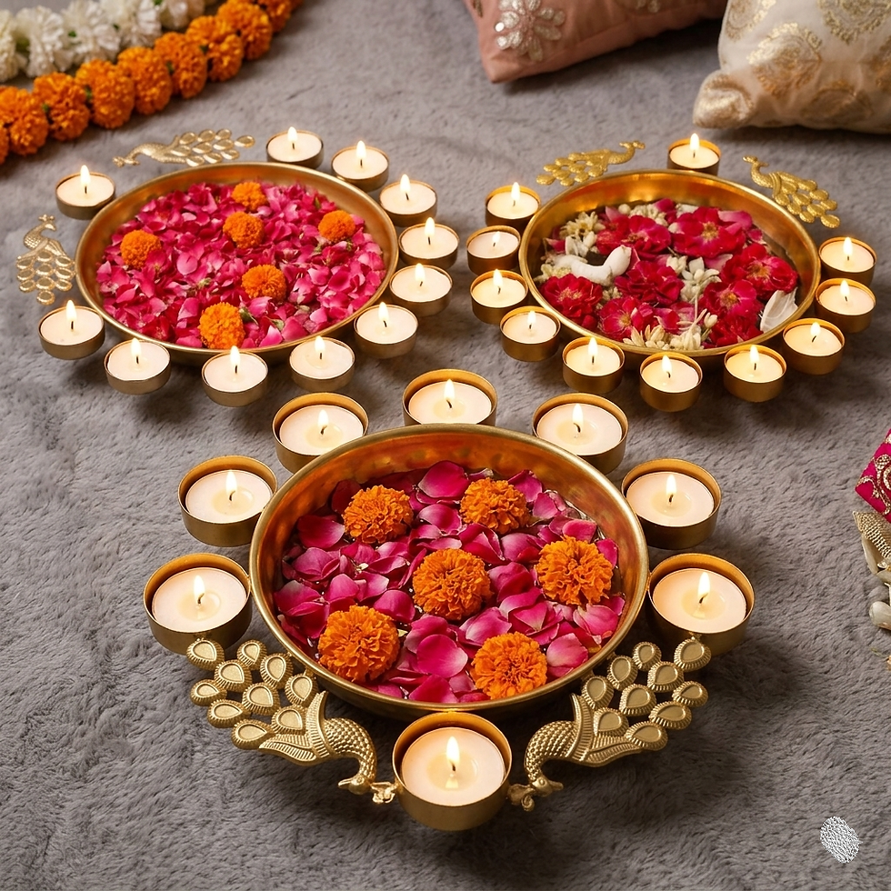 Thumbnail: Peacock Design Metal Urli Bowl with Diya Holders – Festive & Home Décor