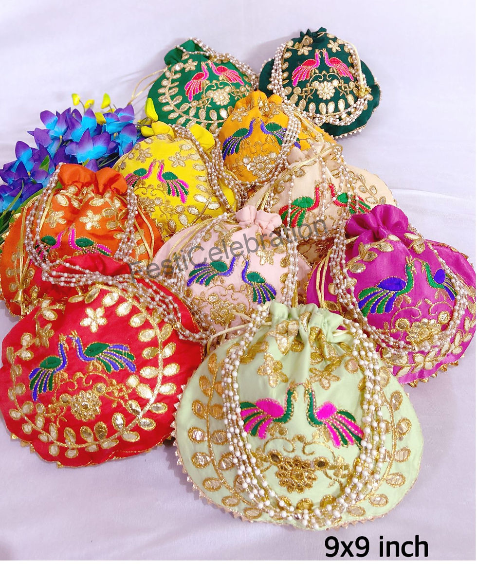 Thumbnail: Traditional Embroidered Peacock Potli Bags – Set of 7
