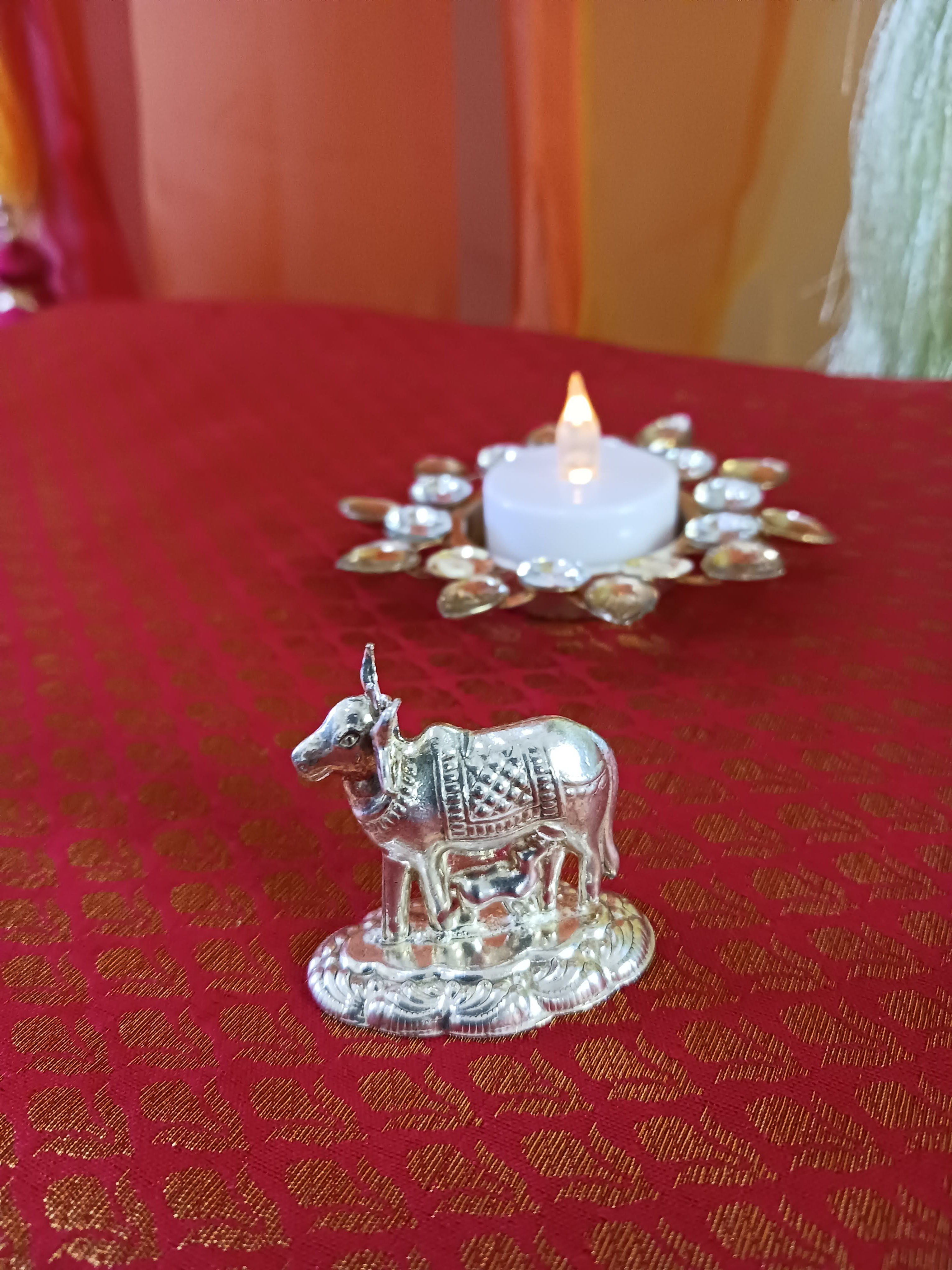 German Silver Kamdhenu Cow Idol