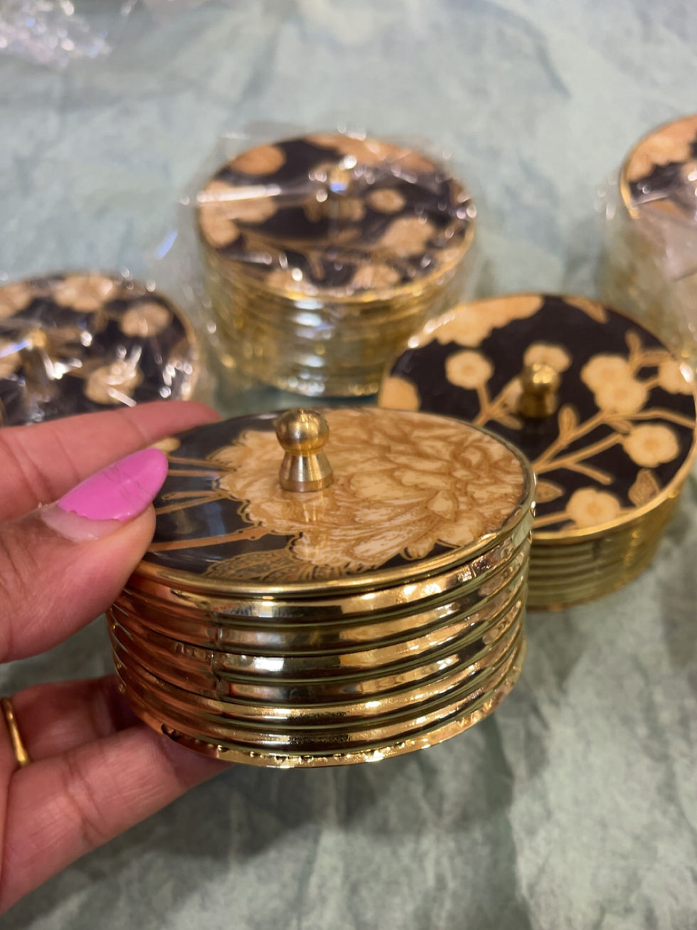 Thumbnail: FS - 1281 Black Brass Meenakari Floral Round Storage Box | Floral Keepsake |