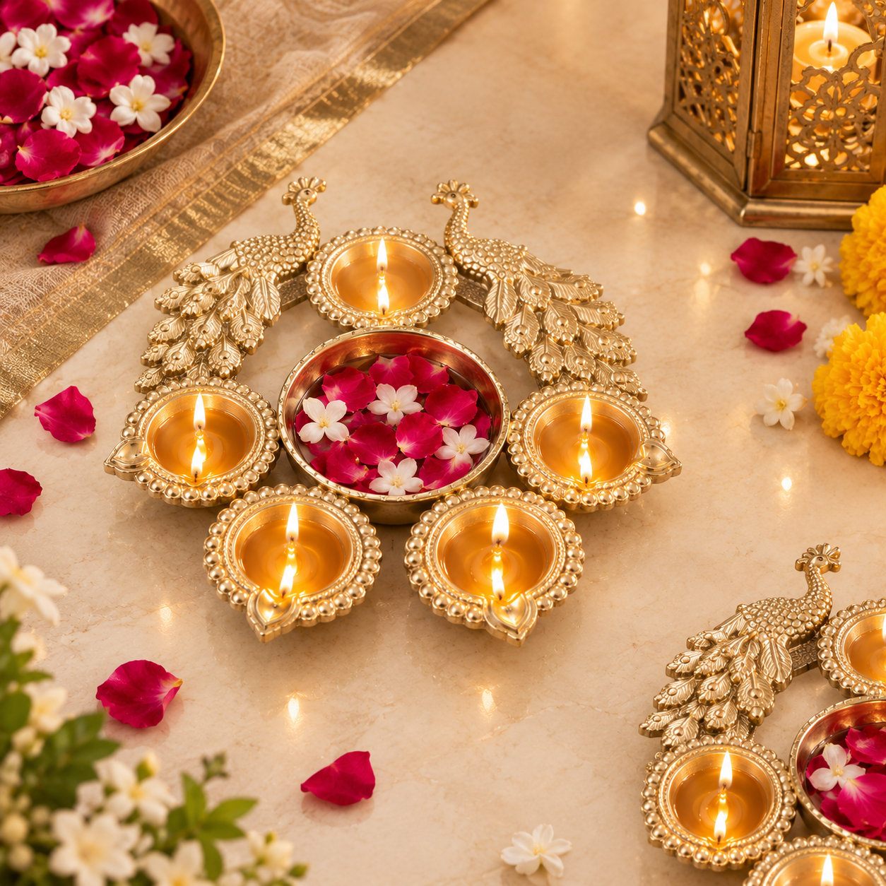 Peacock Design Urli Bowl with 5 Decorative Diyas
