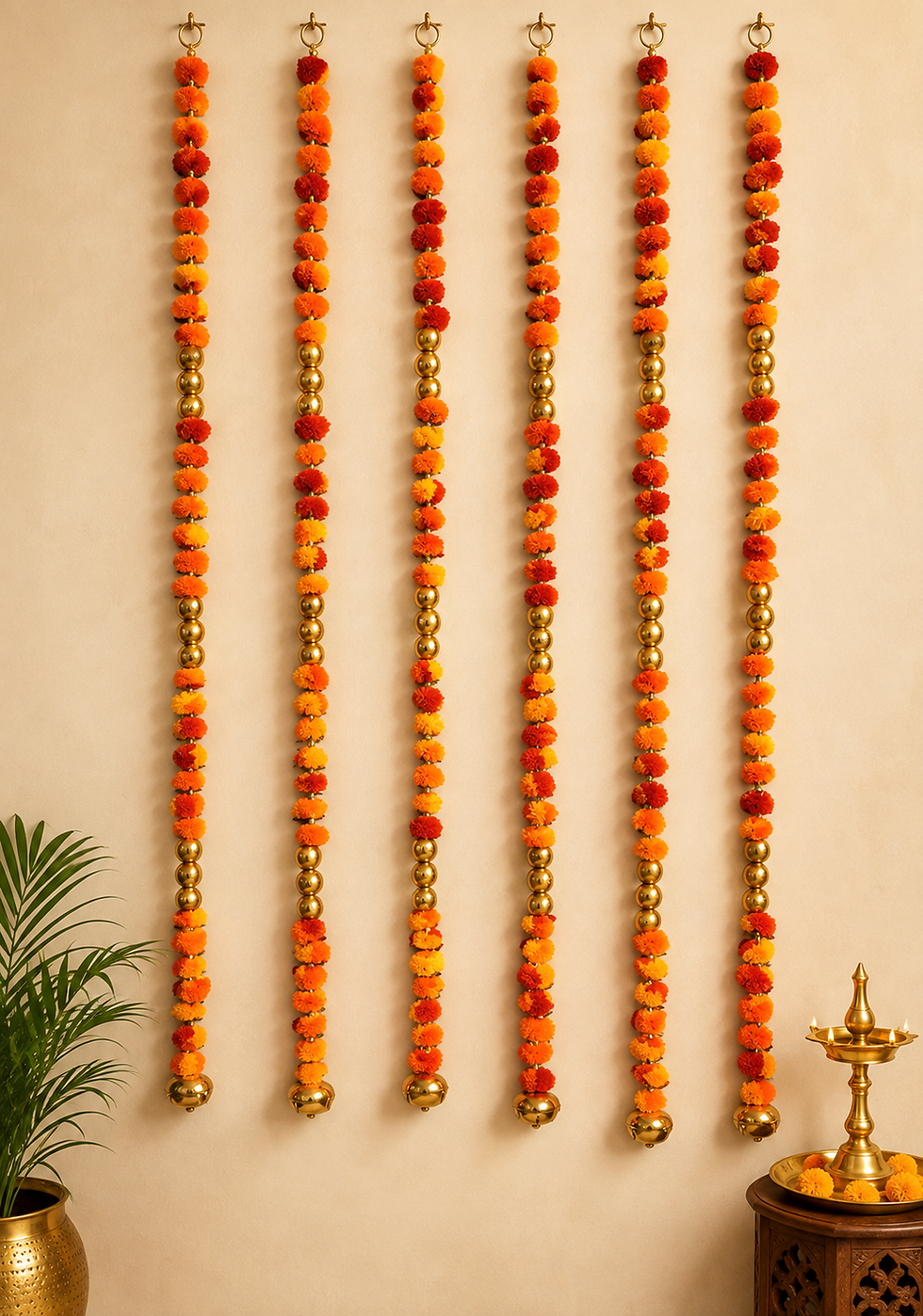 Artificial Marigold Flower Decorative Hanging Strings with Golden Bells