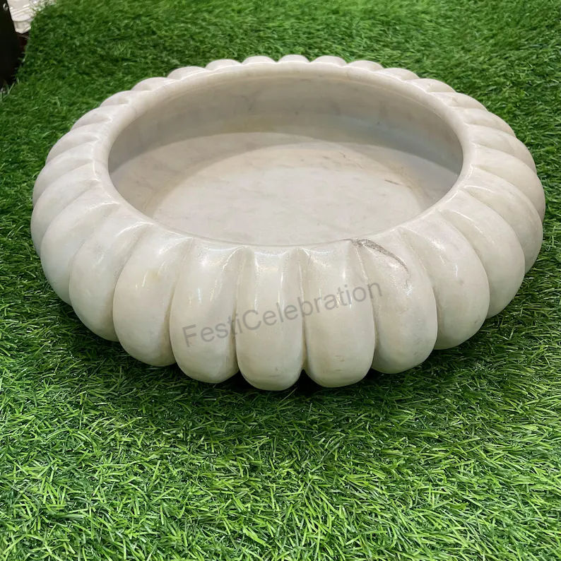 Thumbnail: White Round Bowl, Hand Polished Marble bowl for indoor & outdoor use