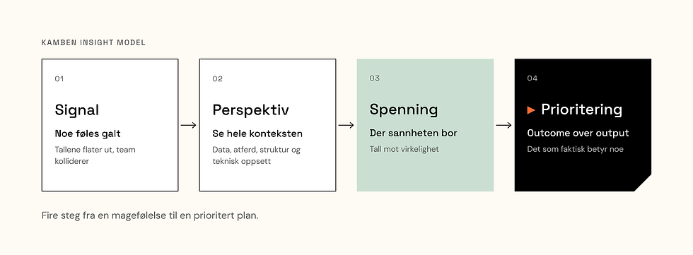 Kamben Insight Model i fire steg: Signal, Perspektiv, Spenning og Prioritering.