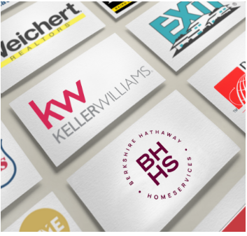 Business cards with real estate logos on a light surface, featuring brands like Keller Williams and BHHS. Text in various styles and colors.