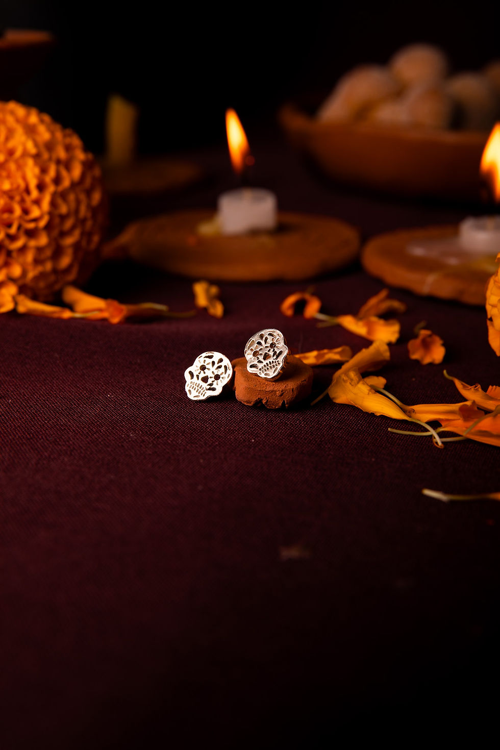 Miniatura: Arete de plata de calaverita de día de muertos plana México