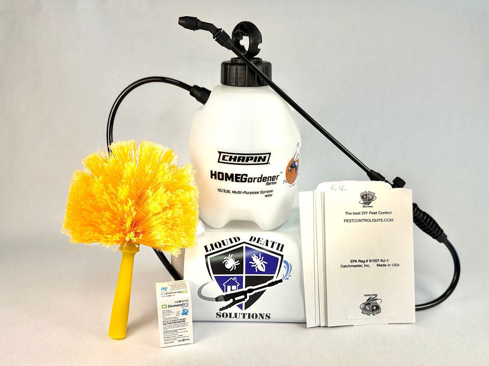 Sprayer labeled "Chapin HOME Gardener," yellow duster, pest control packets, and white cards titled "The best DIY Pest Control" on a plain background.