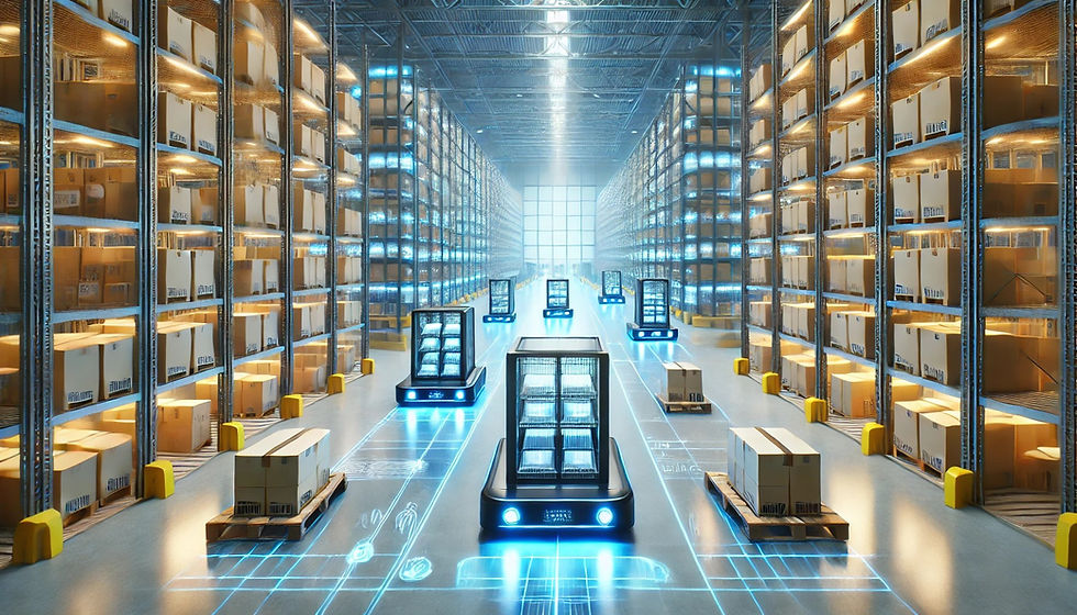 futuristic warehouse with AGVs carrying boxes