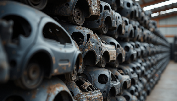 Close-up view of recycled car parts stacked in a Tauranga recycling facility