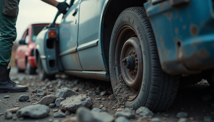 Close-up view of a car wrecker dismantling a scrap vehicle