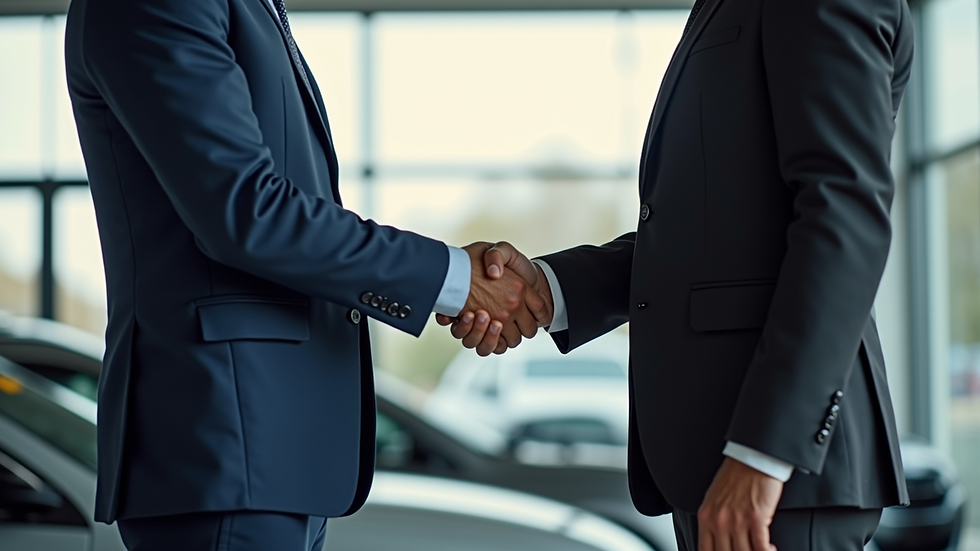 Close-up view of a handshake between a car seller and a buyer at a car dealership