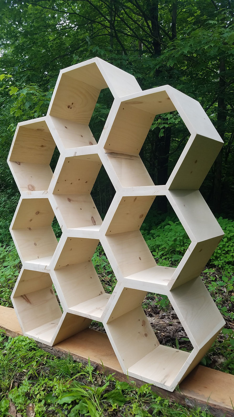 Thumbnail: three honeycomb shelving units in unfinished pine wood - rush order