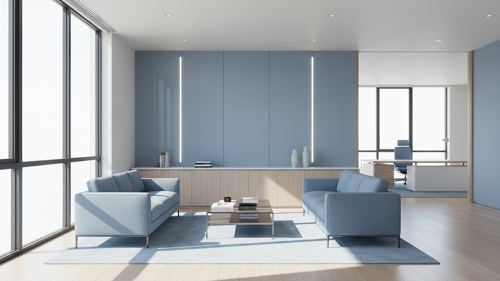 Eye-level view of a clean and tidy living room with sunlight streaming through windows