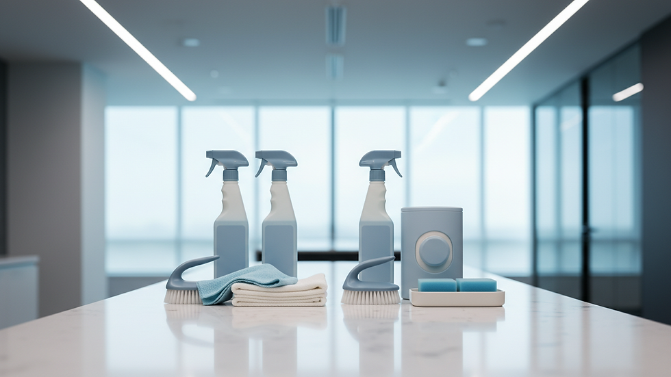 Close-up view of cleaning supplies arranged neatly on a countertop
