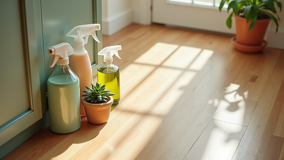 High angle view of eco-friendly cleaning supplies arranged neatly on a wooden floor