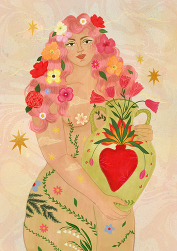 Illustration of woman holding large amphora with red heart on it. She has pink hair with flowers in it and is nude except for flowers and crawling vines on her body.