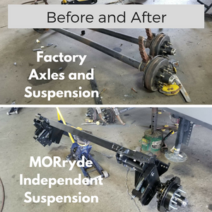 This is a view of the original RV Leaf Spring System, as well as the new MORryde Independent Suspension System. The MORryde system is a far superior system for ride quality.