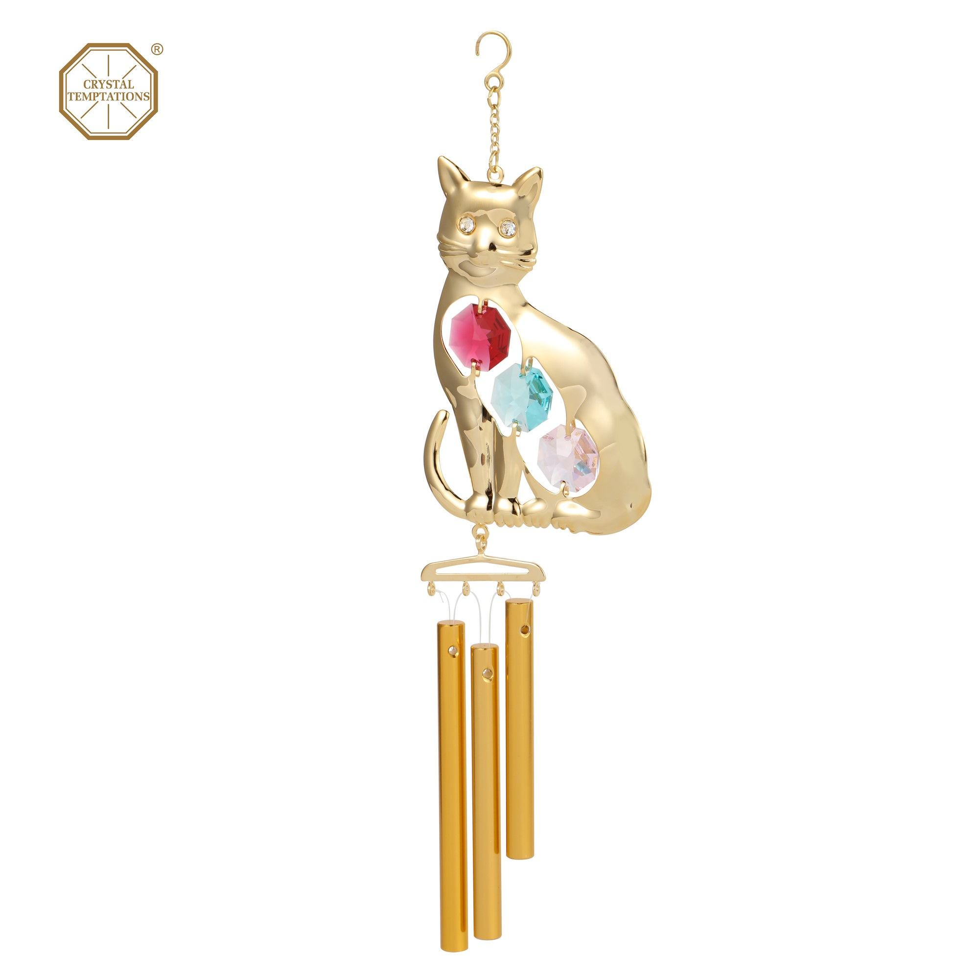 24K Gold plated iron Wind Chime (Cat) with 3pcs assorted crysta