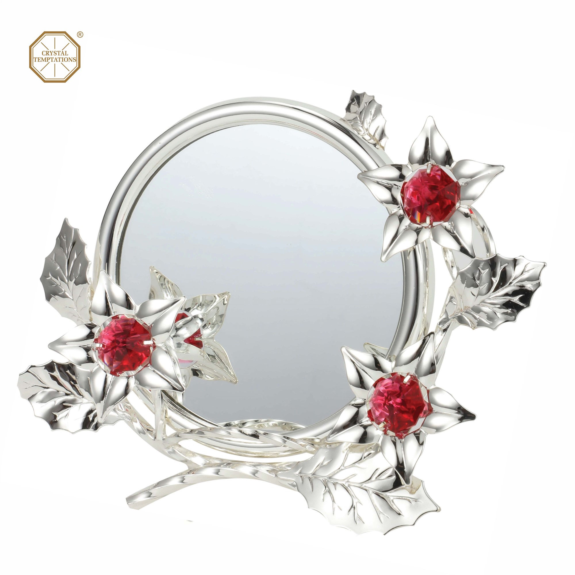 Deluxe silver-plated iron photo frame with mirror (3.5" x 3.5") and 3 flowers