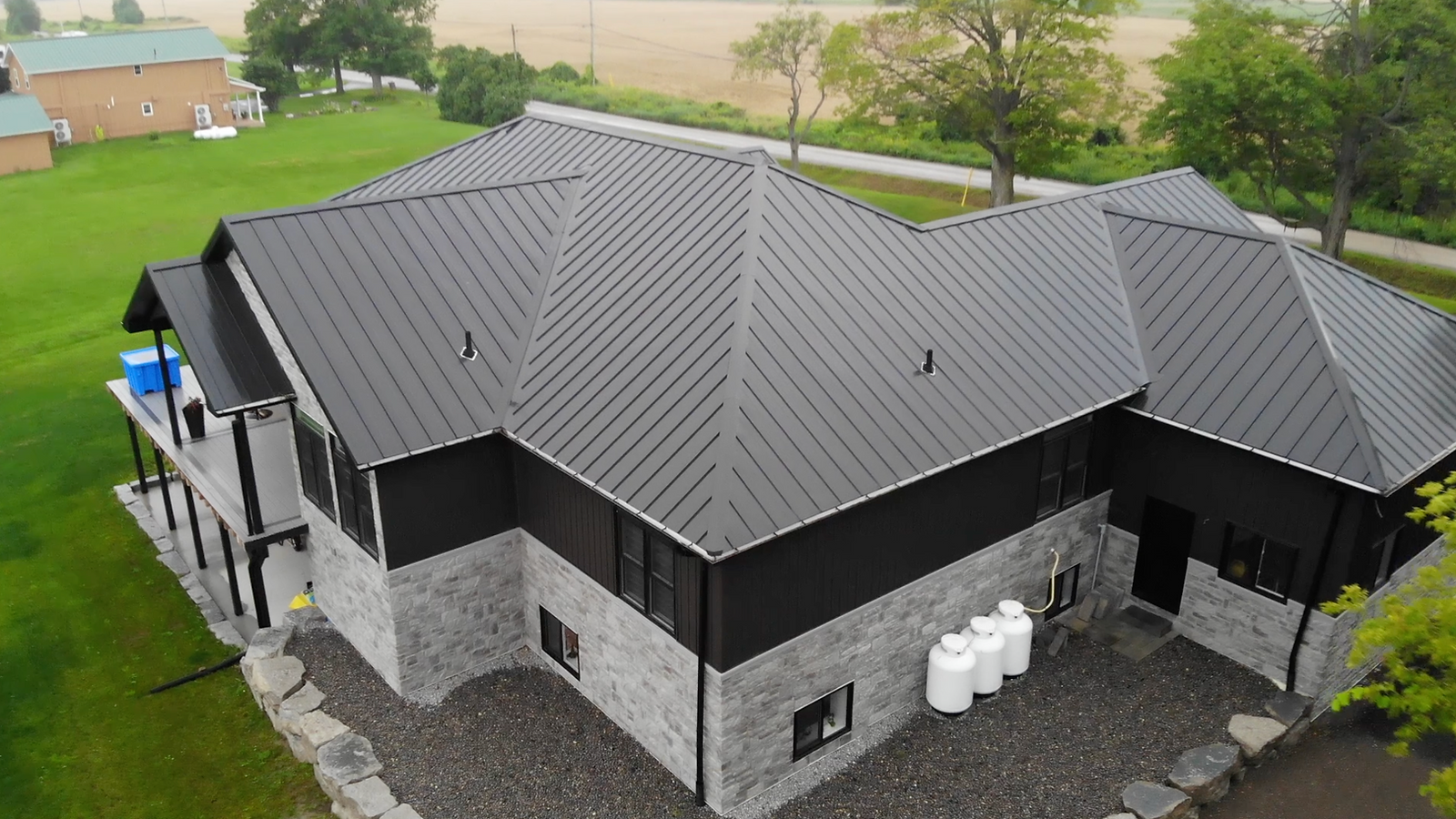 Aerial shot of a finished steel roof