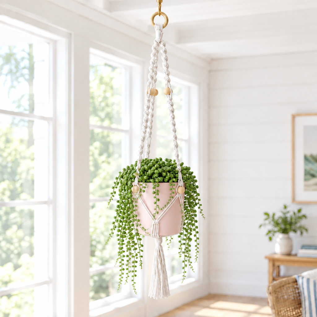macramé hanger met houten parels - crème
