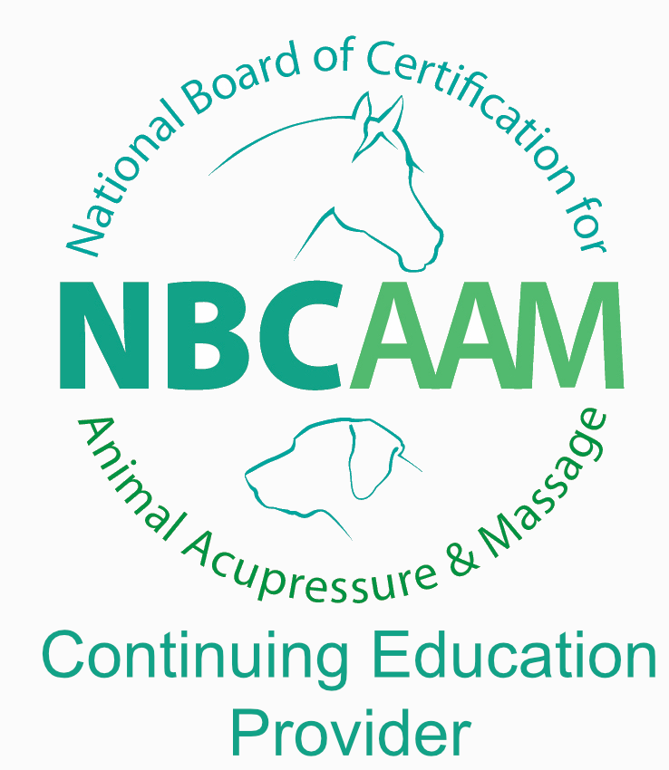 Logo for NBCAAM, featuring line drawings of a horse and dog. Text: "National Board of Certification for Animal Acupressure & Massage, Continuing Education Provider."