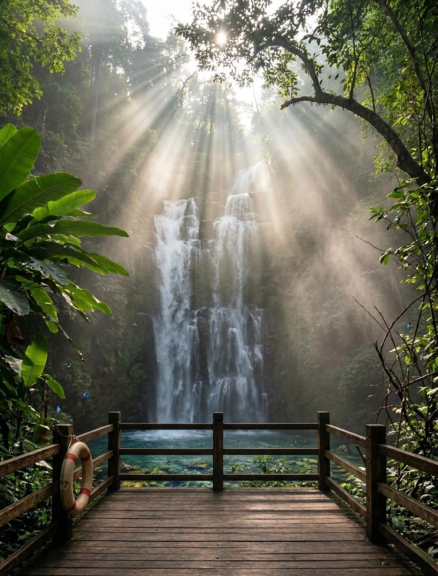 Cascade dans une jungle tropicale, rayons de soleil filtrant sur un belvédère en bois avec bouée de sauvetage.