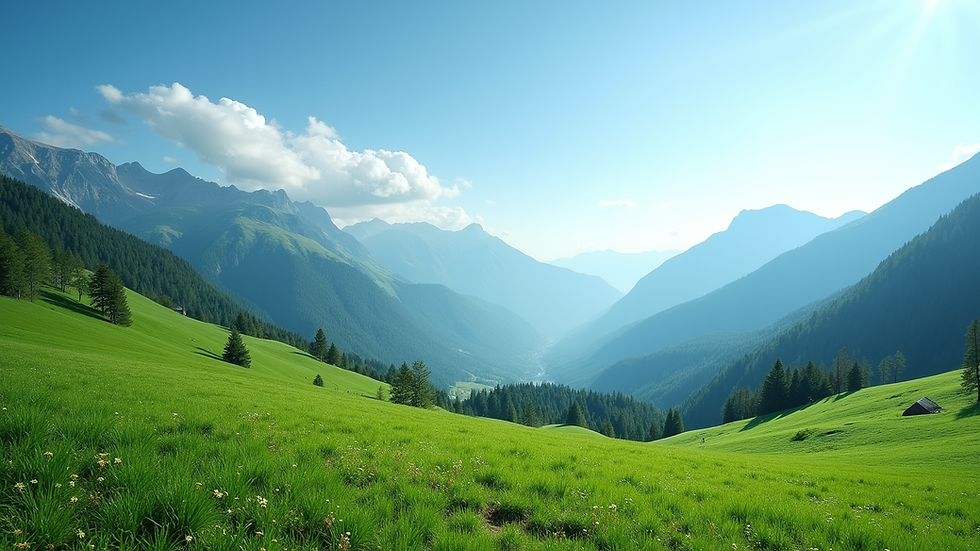 Wide angle view of lush green mountains and clear blue skies