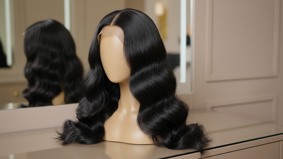 Eye-level view of a human hair wig drying on a stand