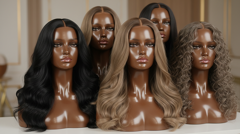 Eye-level view of a wig stand displaying a variety of custom wigs in different styles and colors
