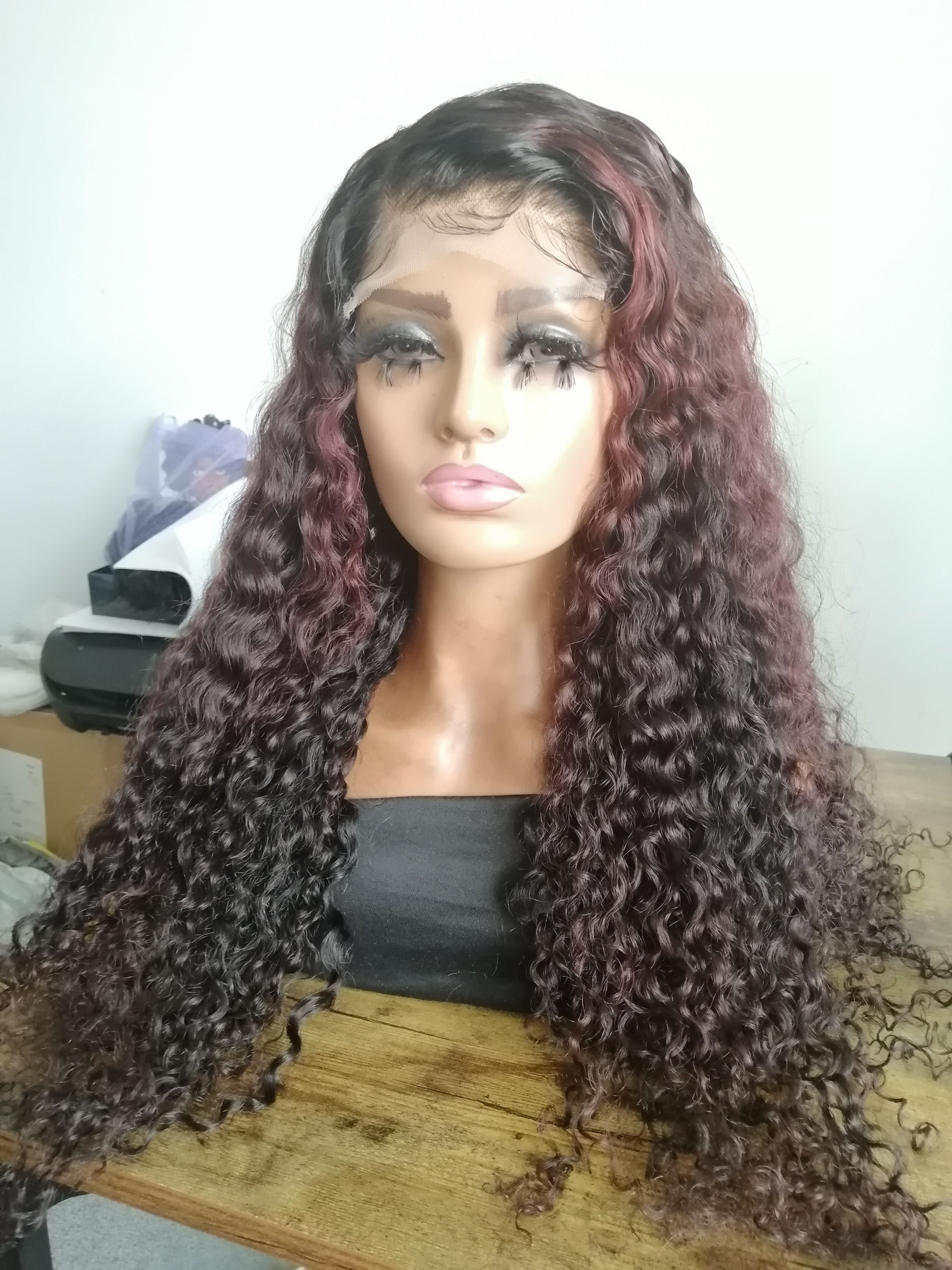 Burgundy Highlighted Curly Wig
