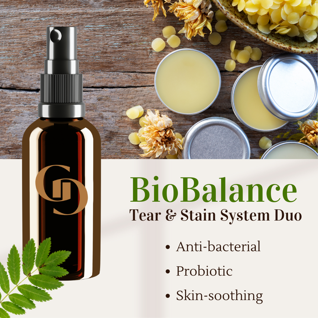 BioBalance Tear & Stain System Duo graphic with amber spray bottle and tinned balms with flowers. Lists Anti-bacterial, probiotic, and skin soothing