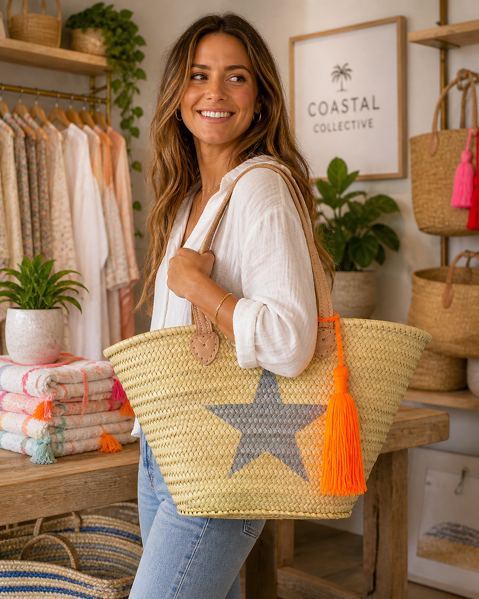 Thumbnail: Large Hand-woven Beach Basket with Star