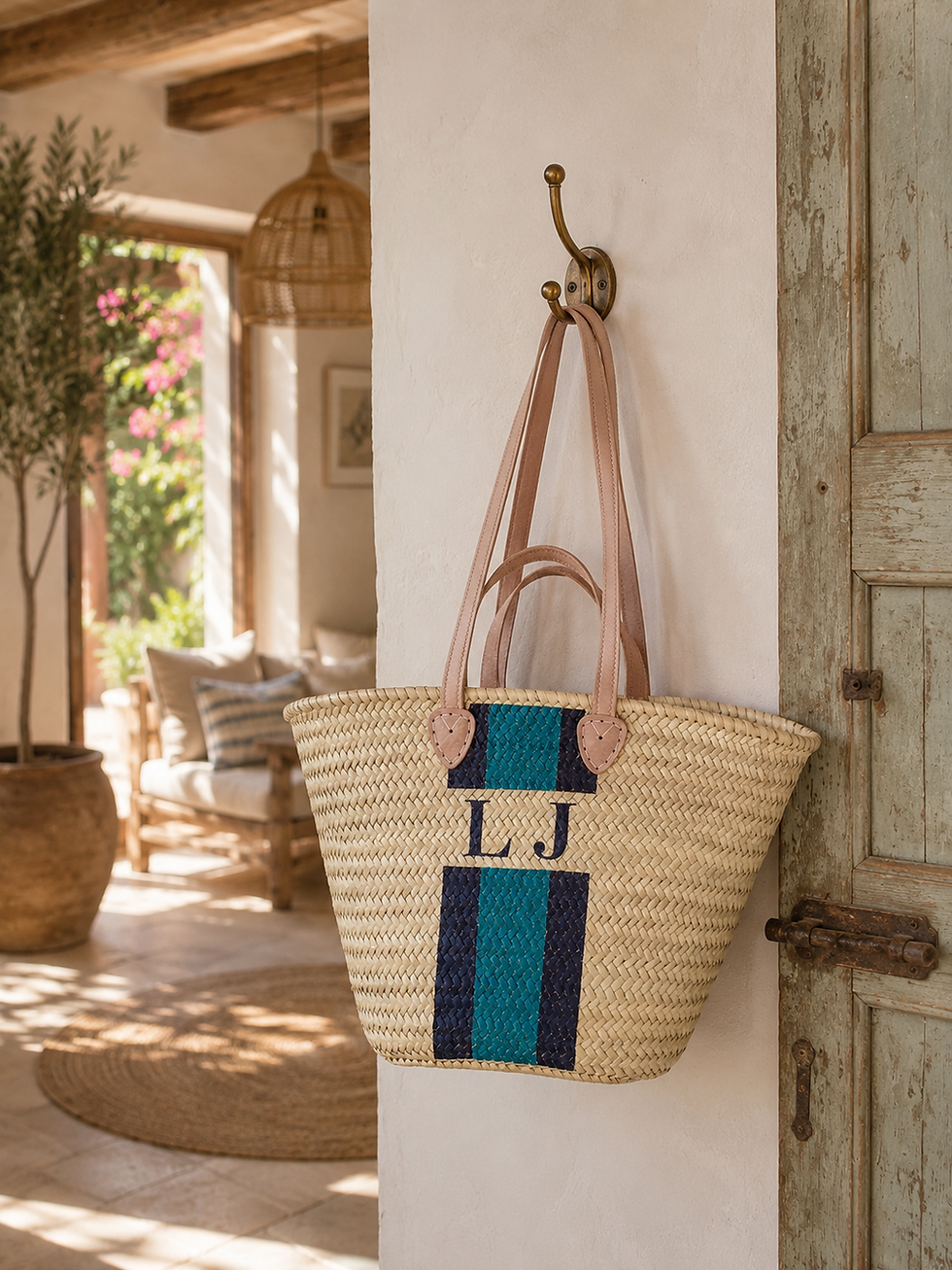 Thumbnail: Large Monogram Stripe  Straw Beach Basket