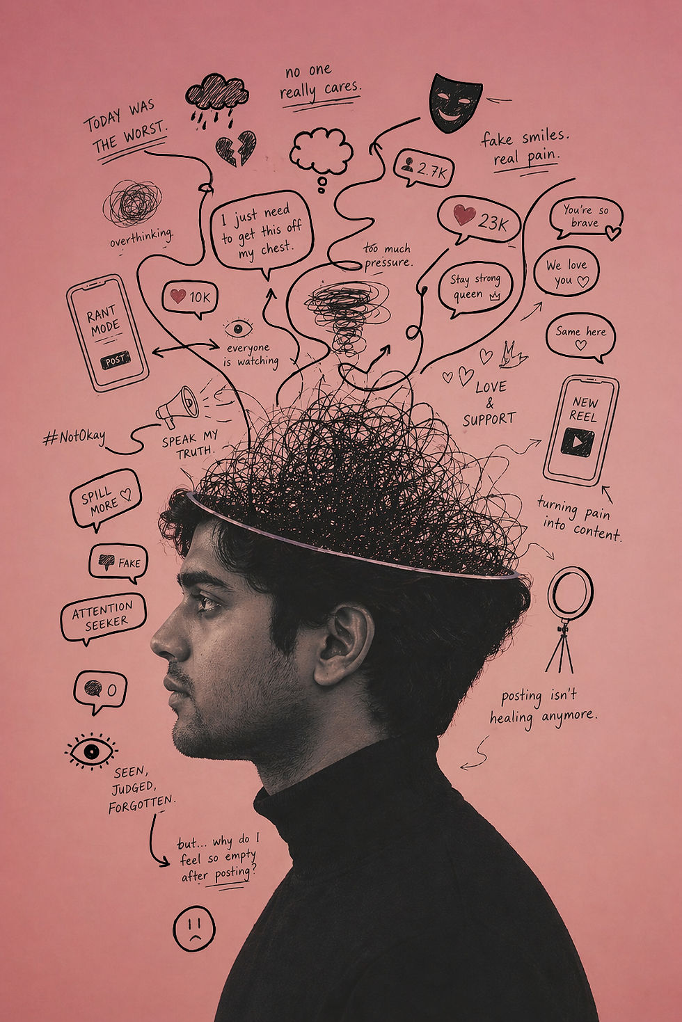 'Everyone was listening, reacting, commenting… yet somehow, he still felt alone.'; illustration- Hansika Kohli, image- Google