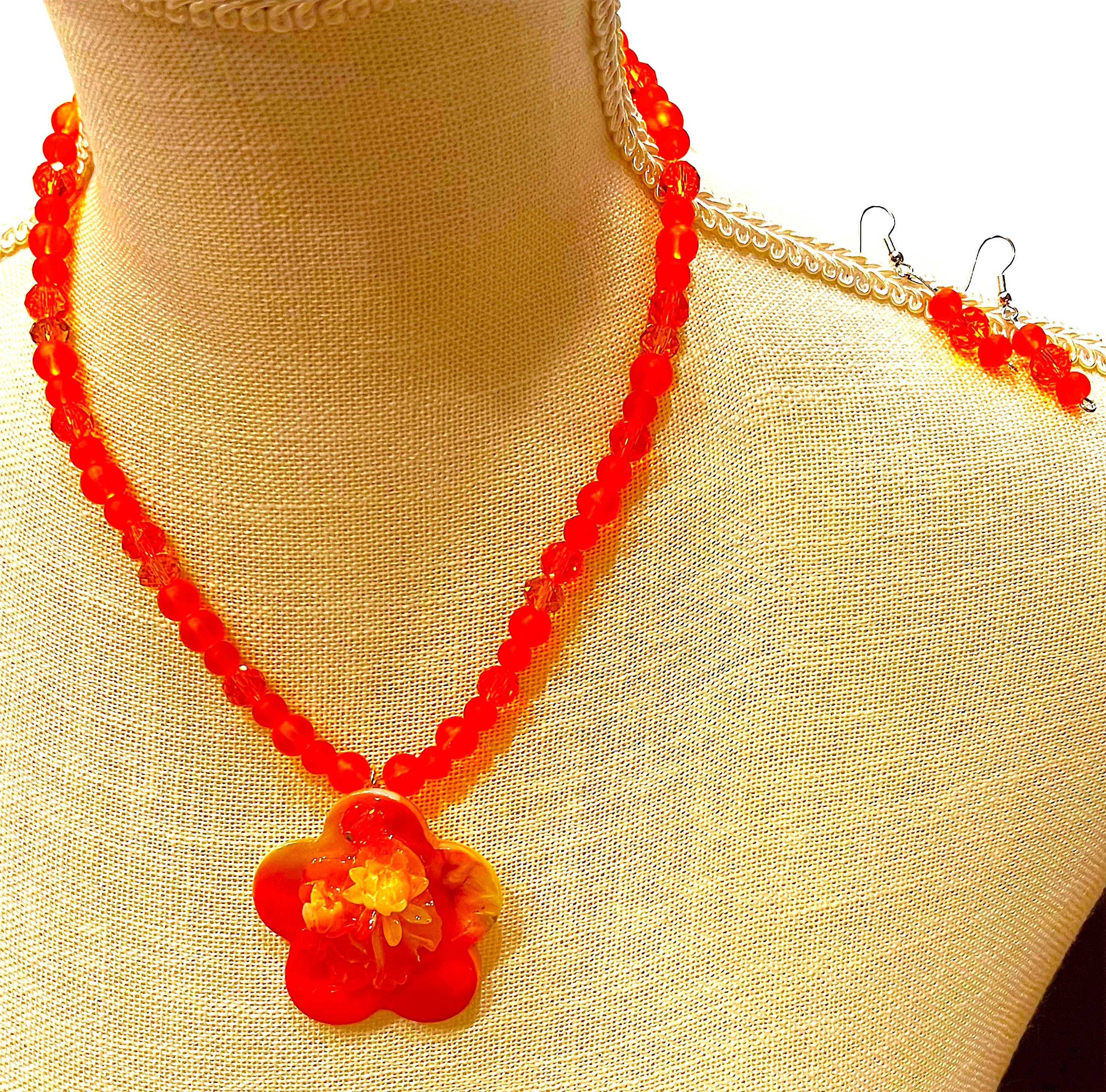 Orange & gold glass beads with Orange glass Pendant with Pierced earrings