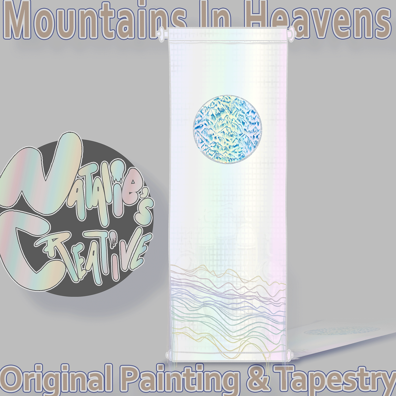 Mockup of Natalie's painting "Mountains In Heavens" as a tapestry