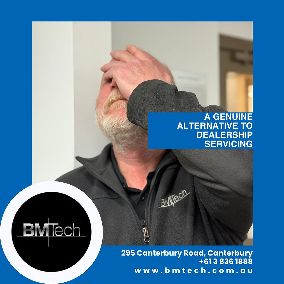 Man covering face with hand, wearing a gray "BMTech" jacket. Text: "A genuine alternative to dealership servicing" and contact info. Blue border.