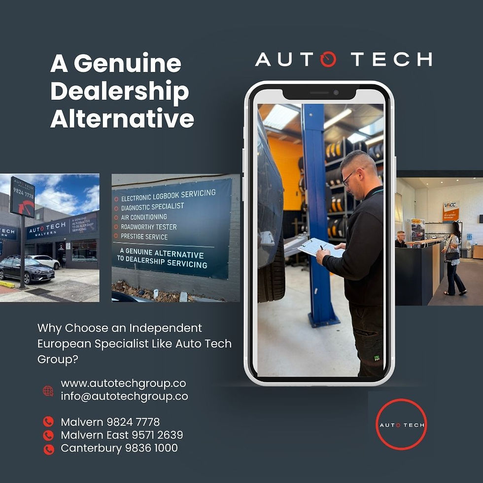 Auto Tech Group blog image with "A Genuine Dealership Alternative" text. Images show a mechanic with a car, Auto Tech signage, and a customer at a counter, blog Why Choose an Independent European Specialist Like Auto Tech Group?
