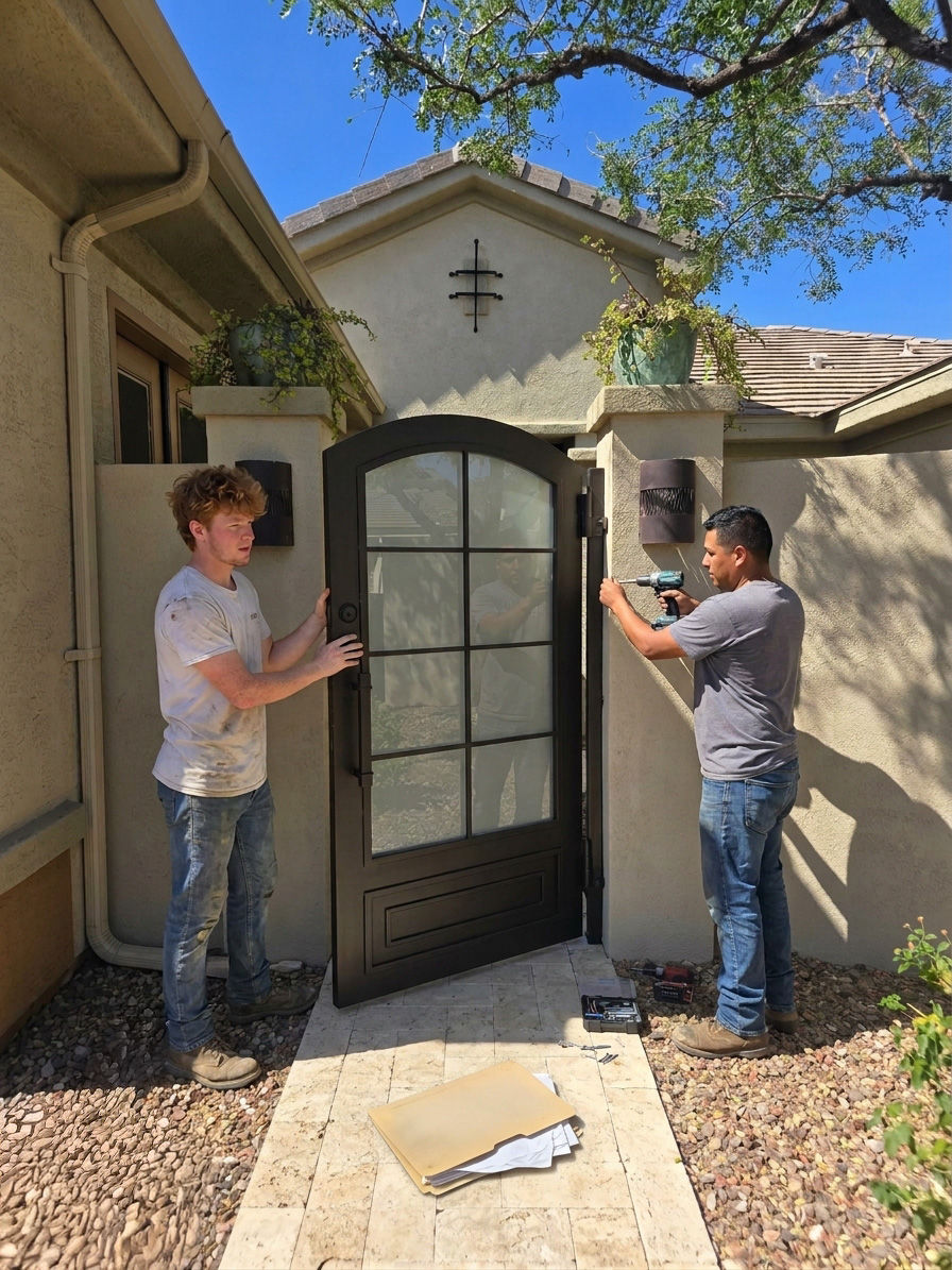 Custom iron courtyard enclosure installation at Phoenix Arizona home