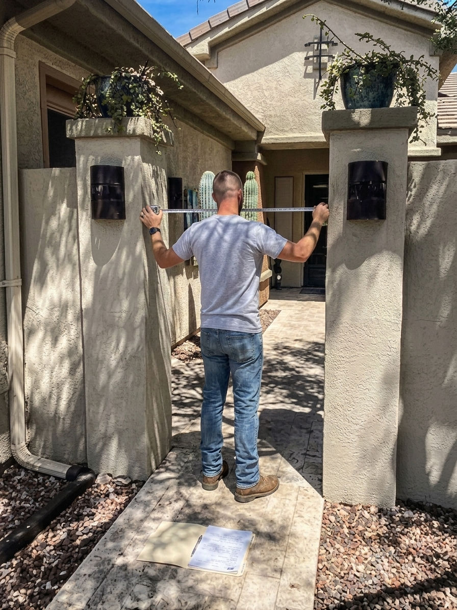 Allied Iron technician measuring courtyard enclosure for Phoenix homeowner