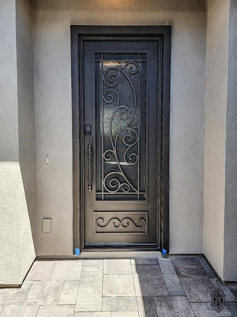 Modern custom iron entry door with smart home security system