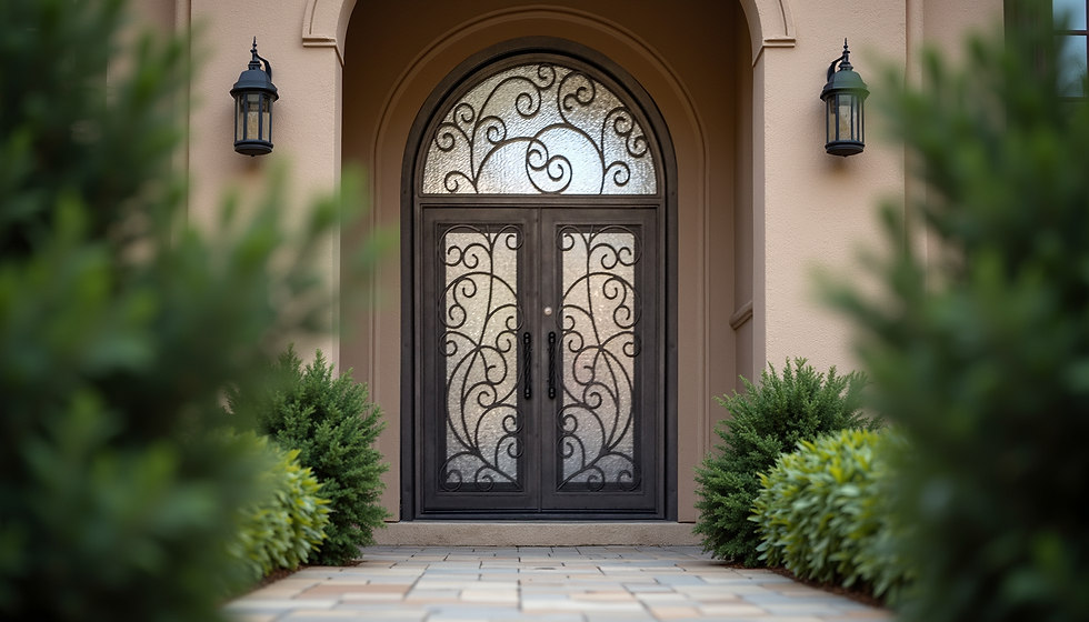 Custom iron door at home entrance in the Sarida design.