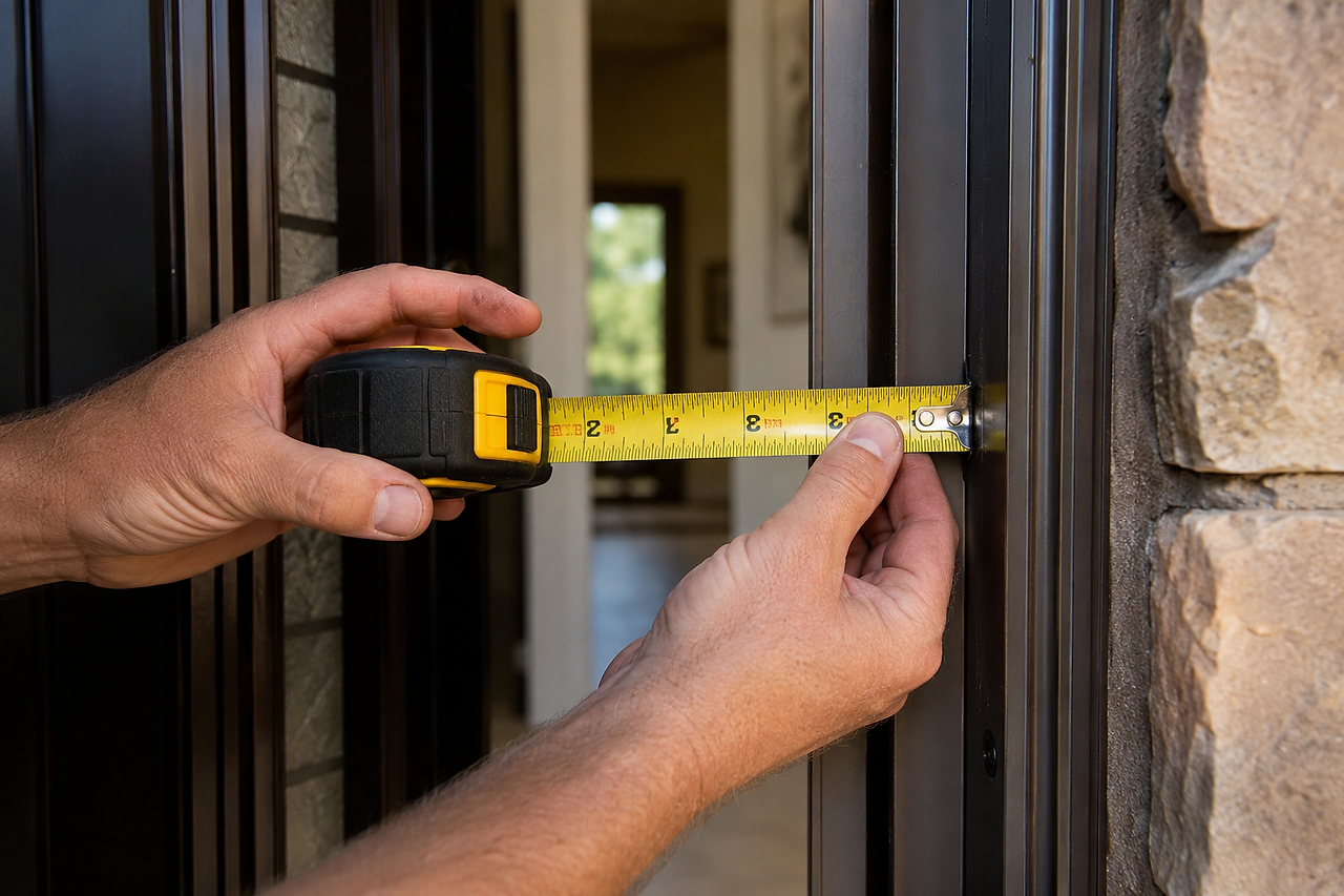 Iron entry door measurement process for custom home entrance.